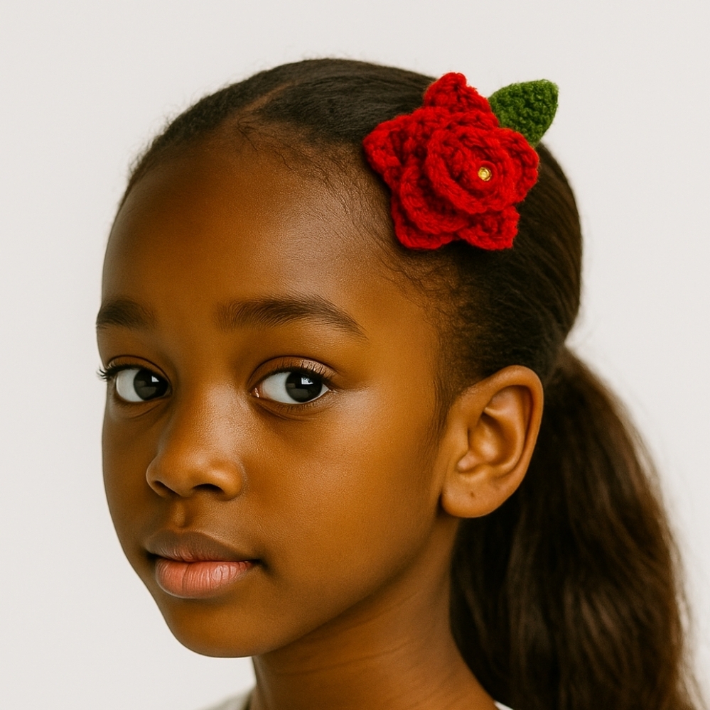 Hand Crafted hand knit crochet red rose hair barrette bow boho handmade floral
